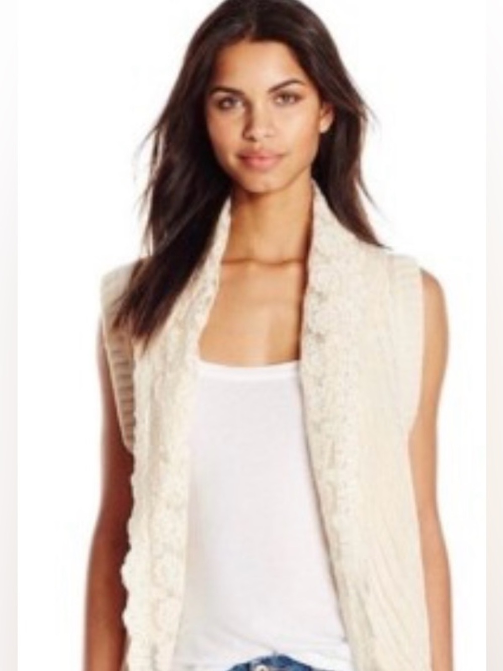 Theory Cream Open-Front Knit Vest Cardigan